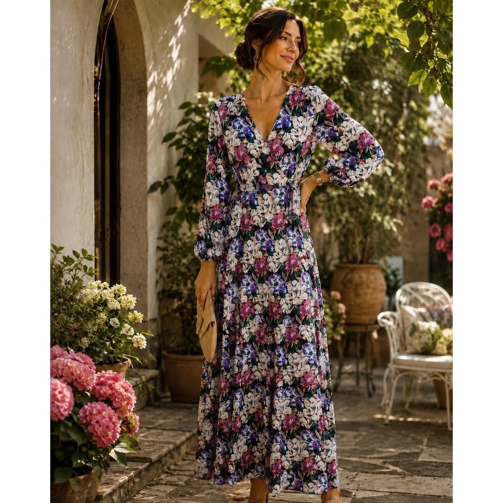 NWT WAYF Midnight Floral Wrap Maxi Dress XL Long Sleeve Wedding Guest